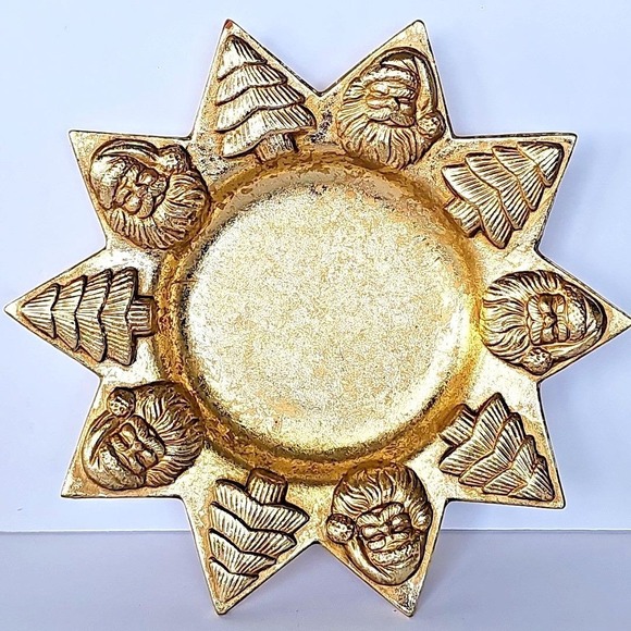 The Unbranded Brand Other - Vintage Gold Star Candle Holder Gilded Santa Christmas Tree St. Nick Plate 1917